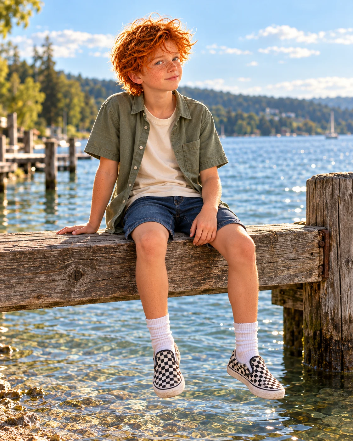 Finn sitzt mit weissen Socken und karierten Schuhen auf einem Holzbalken am See und schaut verschmitzt in die Kamera.