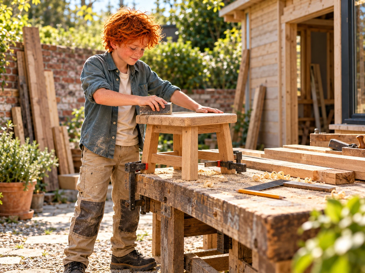 Finn schleift einen selbst gebauten Holzschemel an einer Werkbank.