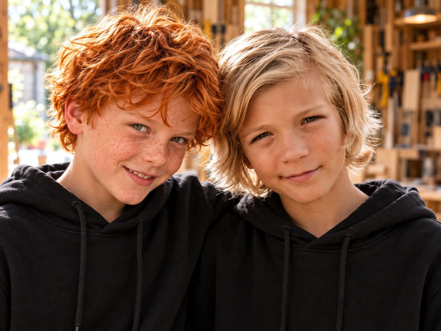Finn und sein Freund Nils schauen in schwarzen lernen.minth-Hoodies verschmitzt in die Kamera.