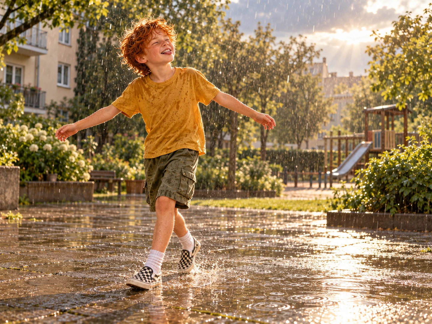 Finn geniesst einen warmen Regenschauer, mit ausgebreiteten Armen und einem Lachen.