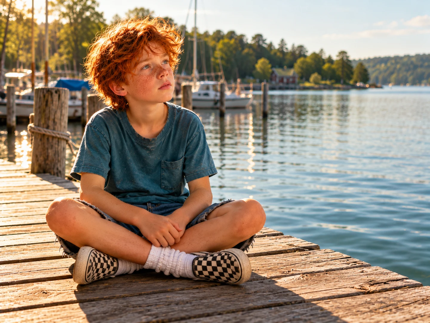 Finn sitzt ruhig auf einem Steg am See und schaut nachdenklich in die Ferne.