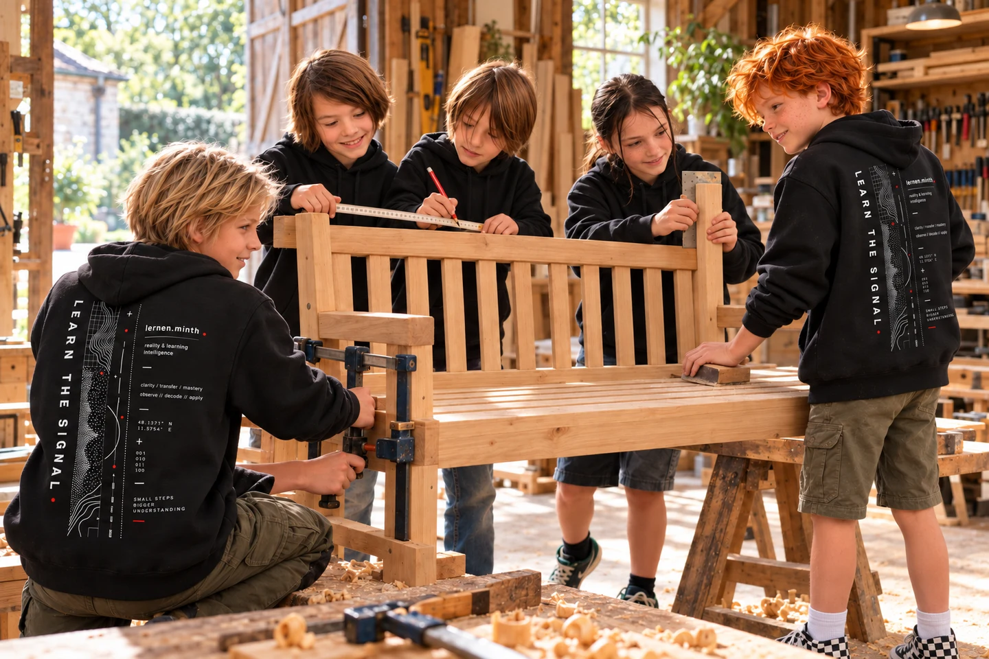 Finn, Nils und ihre Freunde bauen gemeinsam eine Gartenbank und tragen lernen.minth-Hoodies.